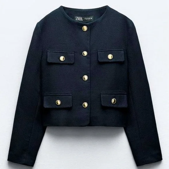 Zara | Jackets & Coats | Nwt Zara Round Neck Pique Navy